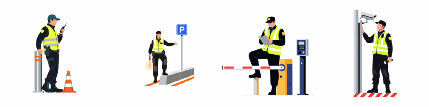 Set of Professional Security Guards Working at Parking Lot Entrances, Monitoring CCTV Cameras, and Controlling Traffic in High-Visibility Uniforms