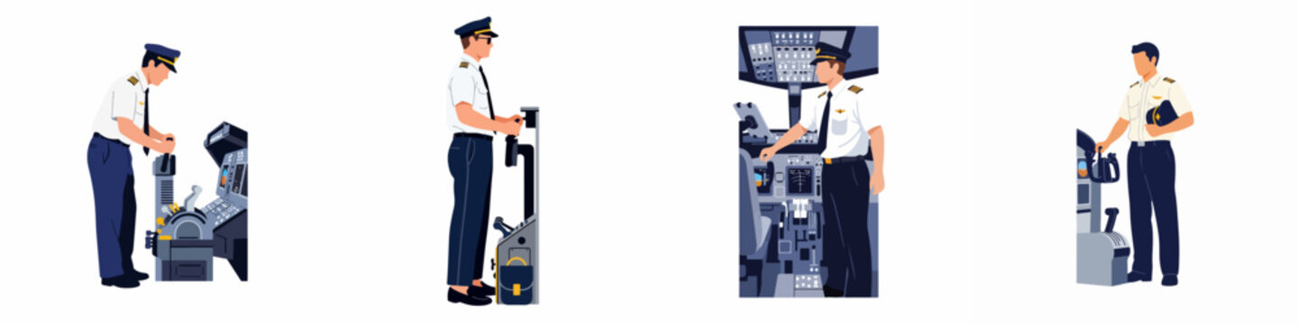 Set of Illustrations Featuring Male Pilots in Uniform Operating Aircraft Control Panels and Cockpits on White Background