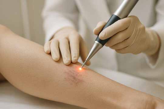 Aesthetic clinic procedure removing vascular lesion on lower leg using precision laser pen with sterile medical environment and soft neutral lighting