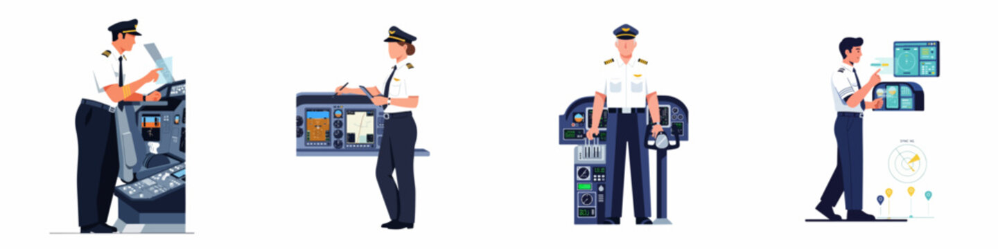 Set of flat vector illustrations featuring professional male and female pilots in uniform interacting with modern airplane cockpit controls and digital navigation displays.