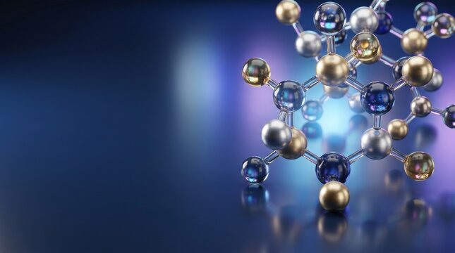  3D illustration of a happiness hormone molecule (serotonin, dopamine, oxytocin). Abstract chemical structure of a neurotransmitter on a dark blue background with copy space. Mental health science