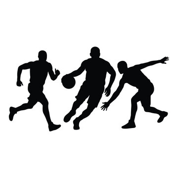 Dynamic silhouette illustration capturing the fastpaced action of a basketball game with three players engaged in a thrilling offensive and defensive play on a white background