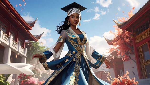 Elegant Woman in Traditional Asian Attire with Graduation Cap.