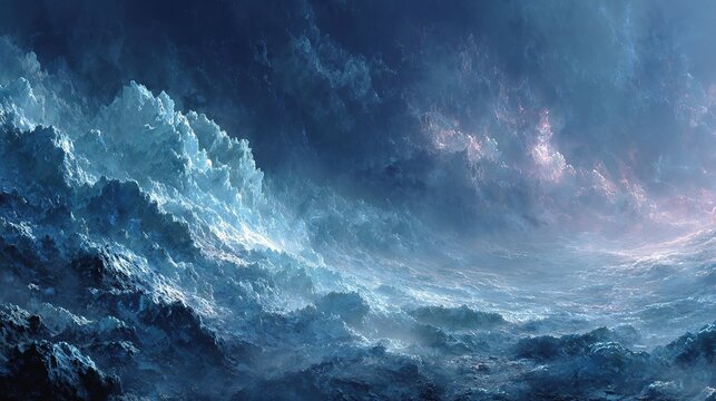 Abstract dark blue background with subtle grid texture, angular light blue ice‑like crystalline formation at upper left, fine scratches and scattered dust particles for aged grimy effect