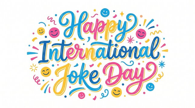 Happy International Joke Day Colorful Typography with Laughing Faces and Confetti