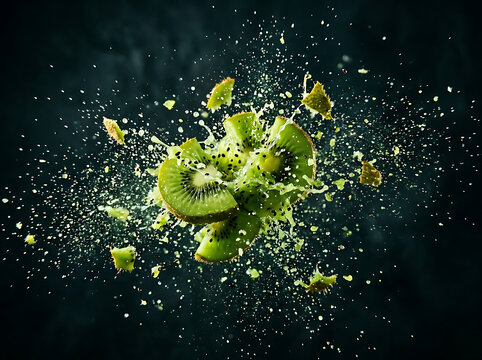 Exploding kiwi fruit with flying pieces and juice splashes