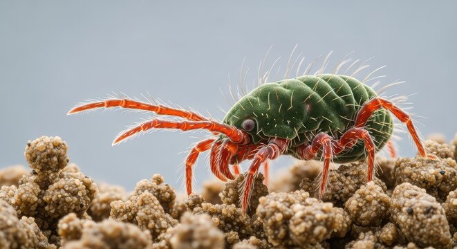 Microscopic view of tiny soil dwelling mites and microarthropods showcasing intricate chitinous pincers amidst grains of dust and earth, nature, exoskeleton, organic