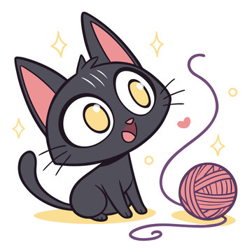 Cute black cat playing with yarn ball illustration.