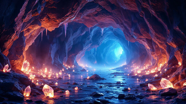 Fantasy crystal cave glowing gemstone cavern magic light mysterious underground tunnel adventure serene