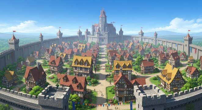 Panoramic aerial view of a sprawling medieval fantasy town featuring stone fortifications, timbered cottages, and winding cobbled paths, street, landscape, panoramic