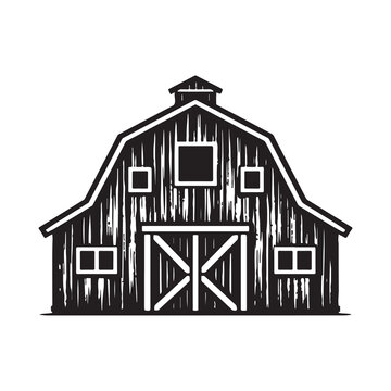 Black and white rustic barn icon with a vintage wood texture style for farm and agriculture graphic design projects