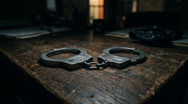 Metal handcuff steel chain wooden table dark room low light police concept law enforcement criminal justice interrogation scene