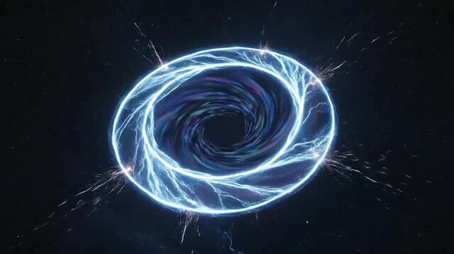 A glowing blue energy portal swirls in the dark void of deep space