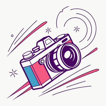 Retro camera capturing memories with colorful lines.