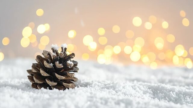 A single pine cone rests on fresh white snow with soft golden bokeh lights behind