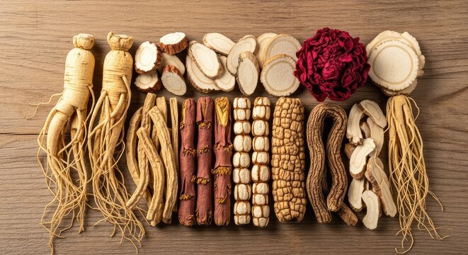 Traditional dried herbal medicine roots including ginseng, codonopsis, astragalus and peony are arranged closely on a rustic wood surface, macro, apothecary, pharmacy
