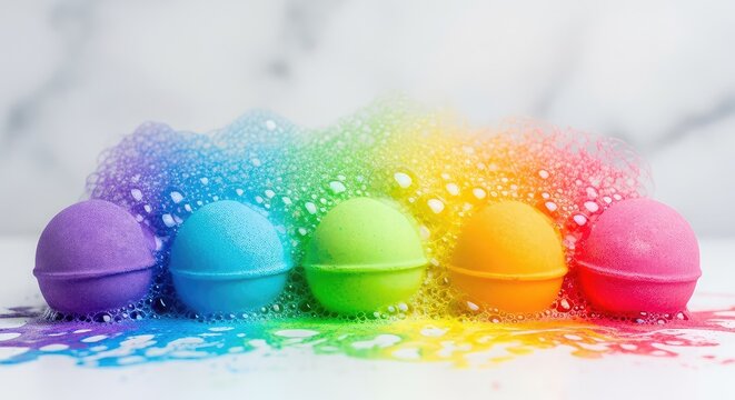 Vibrant round bath bombs resting on a thick layer of rainbow colored soap foam, creating a sensory spa experience with swirling bubbles, skincare, aesthetic, pink