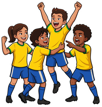 Victory Celebration: Young soccer players joyfully celebrate a goal, their faces alight with elation as they embrace the moment.