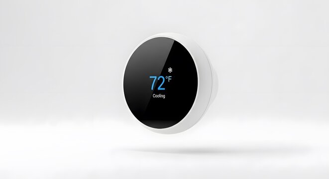 Modern round smart thermostat showing seventy two degrees fahrenheit and cooling air mode