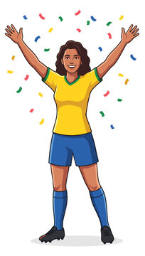 Soccer Player's Joyful Triumph: A female soccer player radiates elation as she celebrates a triumphant moment, surrounded by a cascade of colorful confetti.