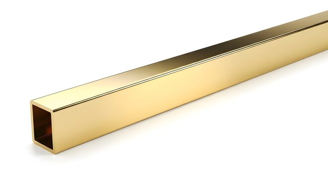 A long shiny gold metal square tube bar isolated for construction and industrial design use