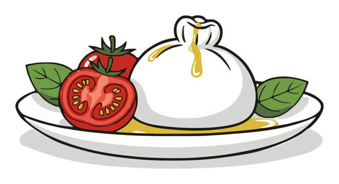 Burrata cheese plate vector illustration clipart. Generative AI