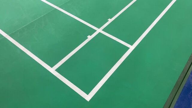 empty corner badminton court line. top view, high angle, above, flat lay. lines. white, green.sports, wellness. sport. wellness. indoor, interior. lamp, bright, light. field. copy space, empty