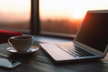 Obraz premium Laptop and coffee cup on table during sunrise