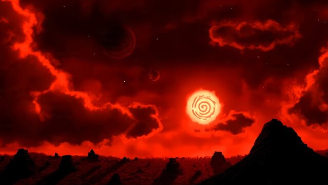 Dramatic Red Sky with Glowing Sun Dark Apocalyptic Clouds Fantasy Landscape