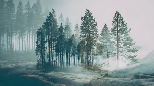 Dense evergreen forest with snow-covered ground and foggy atmosphere