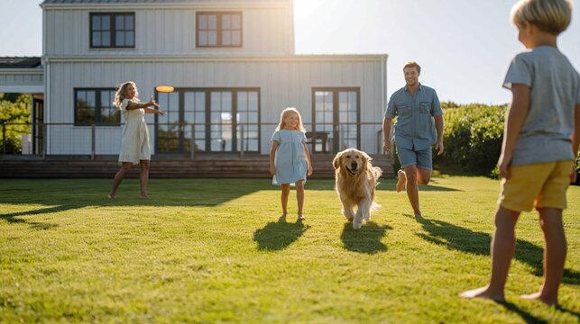 Family playing frisbee with dog in yard on sunny day