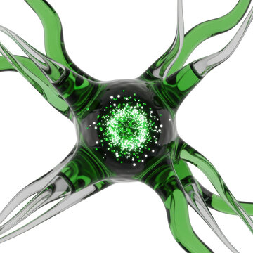 Stylized abstract neuron, translucent green liquid, reflective glass, dark soma, glowing white and green digital particles flickering, isolated on white, representing complex neural intelligence
