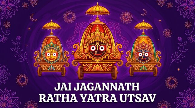 Bright decorated wooden chariot with mandala halo for indian rath yatra festival celebration graphic poster design