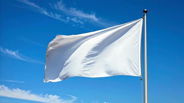 A plain white flag waving against a clear blue sky
