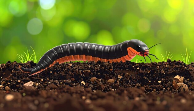 Close-up of a colorful millipede crawling on dark soil with green bokeh background.