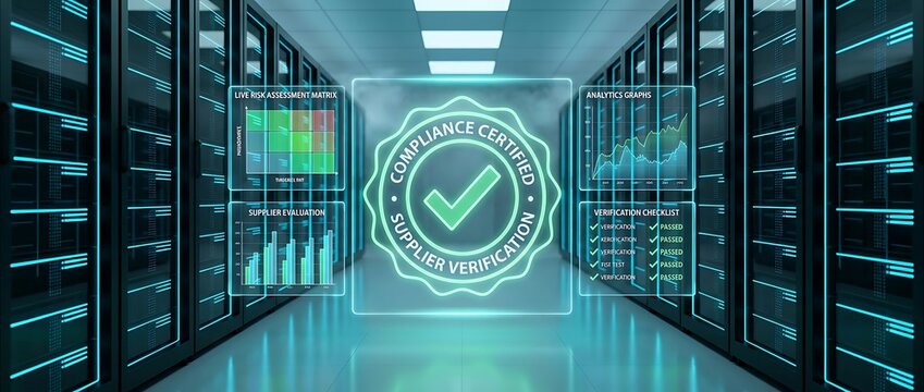 Supplier verification process with compliance certification seal, analytics graphs, and live risk assessment matrix in data center.