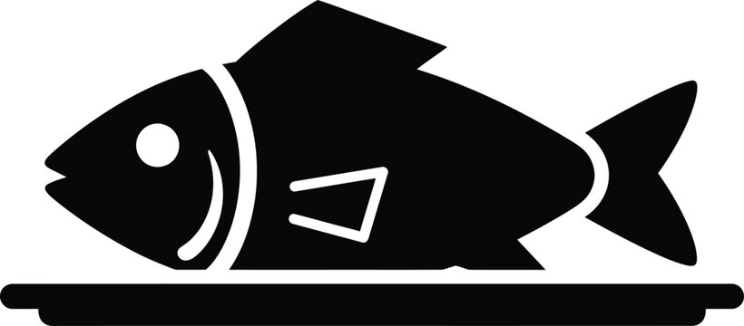 Black fish icon, seafood symbol, flat design, vector illustration, food sign