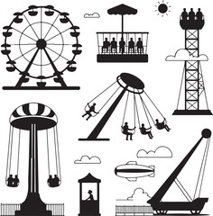Amusement park pictogram set. Fun and entertainment outdoors. Roller coaster and adrenaline rides. © HARUN