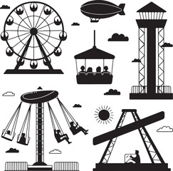 Amusement park pictogram set. Fun and entertainment outdoors. Roller coaster and adrenaline rides. © HARUN