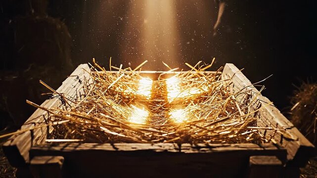 Nativity manger cross light darkness scene concept. Rustic wooden manger with straw illuminated by warm sunlight in a dark barn interior