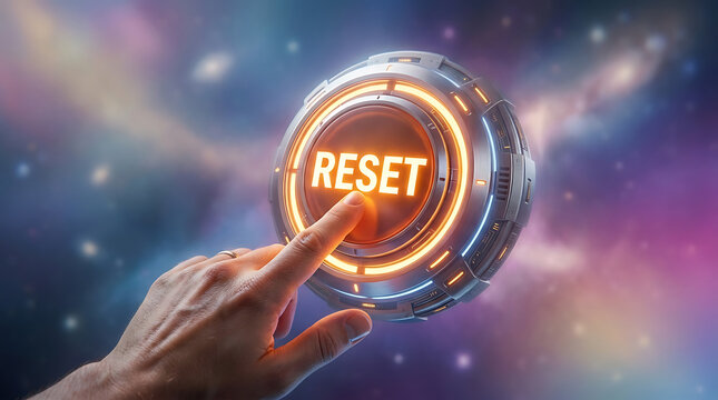 Finger pressing a glowing red digital 'reset' button on a futuristic orb with pressing futuristic technology interface circular mechanical beginning decision interactive abstract background