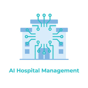 AI hospital management icon, connected clinic building, data operations, health tech summit, electronic records workshop, care coordination seminar, vector illustration
