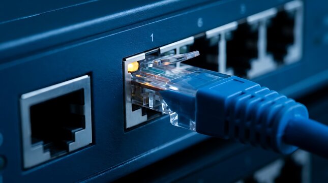 Close up ethernet cable plugged into network switch port with amber blinking light indicating active connection technology concept.