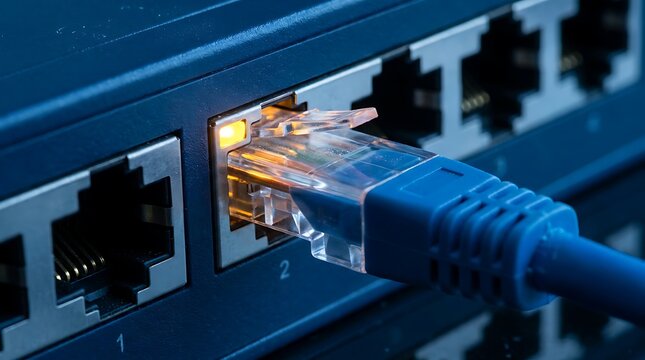 Close up ethernet cable plugged into network switch port with amber blinking light indicating active connection technology concept.