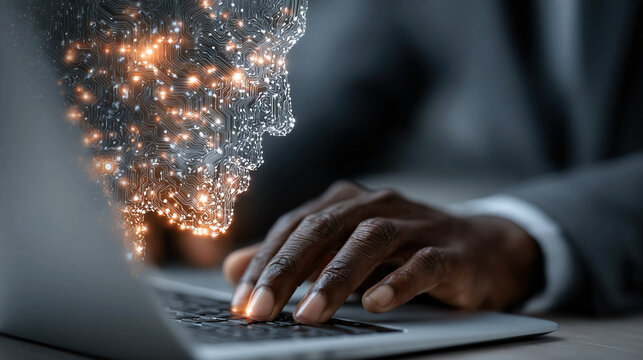 AI workflow automation concept with businessman using laptop interacting with smart digital interface for data integration productivity enhancement and intelligent system development