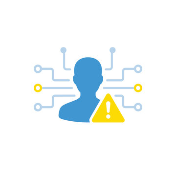User risk alert icon, profile with data nodes, anomaly detection, fraud monitoring seminar, identity protection session, compliance training, vector illustration