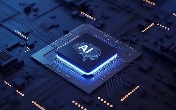 AI Microchip on Circuit Board with Neural Brain Symbol Representing Artificial Intelligence Semiconductor Technology Concept