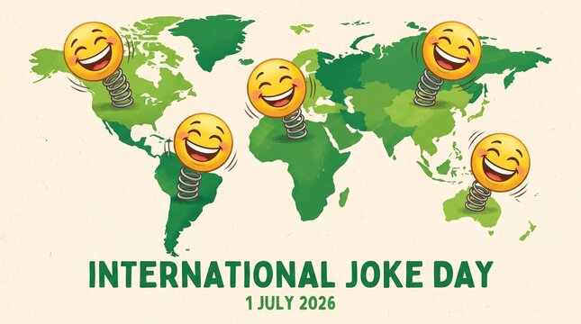 Five vibrant and cheerful yellow emoji faces mounted on metal springs are bouncing joyfully across a detailed world map illustration to commemorate the annual celebration of international joke day