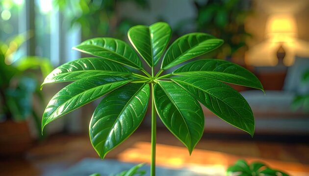 Vibrant Green Umbrella Tree Leafy Foliage Indoors.