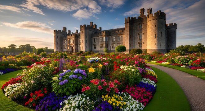 Majestic Arundel Castle stands tall behind a vibrant, colorful flower garden under a partly cloudy sky